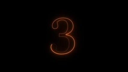 Fiery number three glowing with sparks and embers on a dark background
