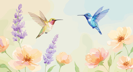Watercolor illustration featuring two hummingbirds facing each other surrounded by lavender and peach colored flowers against a soft background