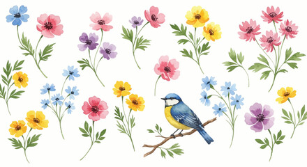 Watercolor painting of a blue tit bird perched on a branch surrounded by colorful flowers and green leaves in a nature scene