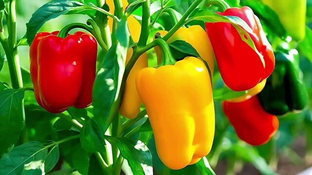 Bright red yellow and green bell peppers on the tree