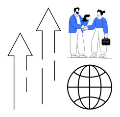 Two professionals shaking hands and discussing ideas, paired with arrows pointing upward and a globe. Ideal for teamwork, business growth, cooperation, networking, leadership, global strategy, simple