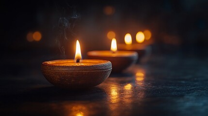 Three lit candles in coconut shell holders, dimly lit background, creating a serene and calming atmosphere.  Smoke gently rises from one, adding to the peaceful ambiance