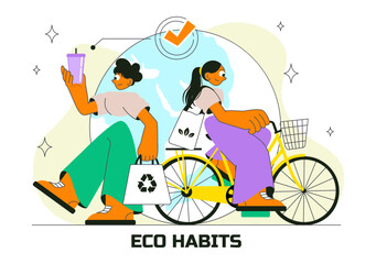 Fototapeta premium Eco Habit Illustration Featuring People Sorting Waste, Using Eco Bags, and Reusable Cups for Zero Waste and Sustainable Living in a Lifestyle Theme