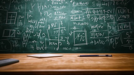 Classroom with chalkboard covered in mathematical equations and sketches during a lesson on advanced mathematics