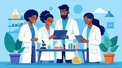 Four diverse scientists collaborating in a laboratory, examining data and conducting experiments with beakers. - Powered by Adobe