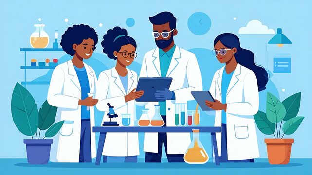 Four diverse scientists collaborating in a laboratory, examining data and conducting experiments with beakers. - Powered by Adobe