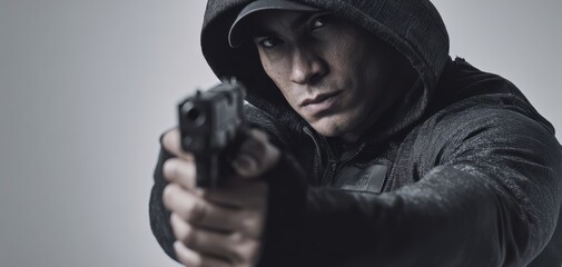 The determined man pointing a gun in a dramatic studio setting.