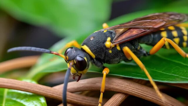 A detailed close-up shows a colorful potter wasp with its distinctive yellow and black markings resting on a vibrant green leaf. The insect showcases nature's intricate design.