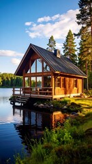 Obraz premium Lakeside cabin at dawn