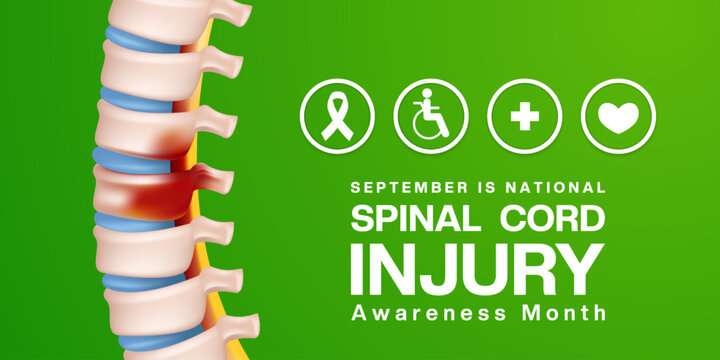 September is National Spinal Cord Injury Awareness Month. Bone, ribbon, human, plus icon and heart. Suitable for posters, banners and social media. Green background. - Powered by Adobe