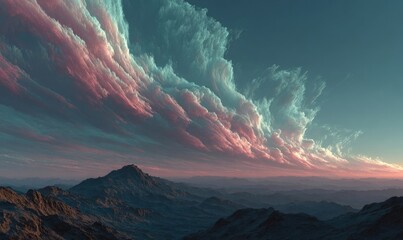 Vast, colorful clouds over a mountain range