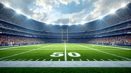 Day Aerial Elevated View of an American Football Stadium With Enthusiastic Fans. Field of a Major Championship Game, viewed from the field level. white yard lines and a prominent '50' yard line