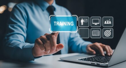 Training concept man working on a laptop with training button the concept of lifelong learning and skill development for