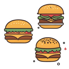 Three cartoon burgers isolated on a white background, perfect for menu design