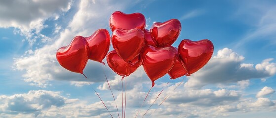 The beautiful display of red heart-shaped balloons against a blue sky.