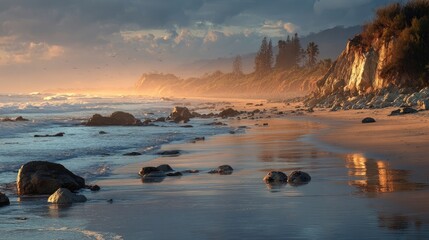 Golden sunset beach with dramatic cliffs