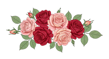 Naklejka premium Elegant Rose Bouquet with Red and Pink Flowers and Green Leaves for Floral Decoration