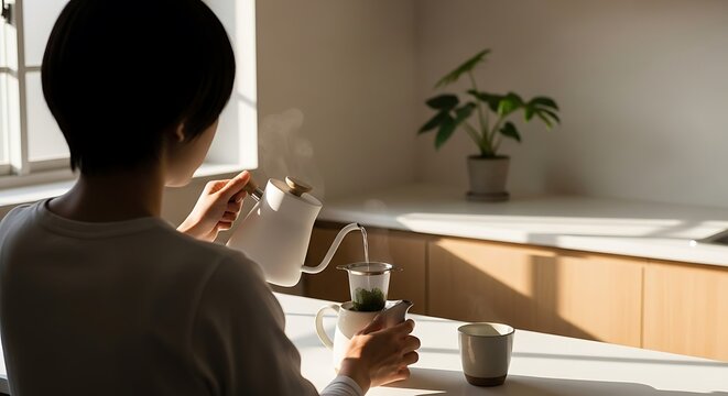 Woman pouring hot water for herbal tea in bright, minimalist kitchen for healthy lifestyle concept - Powered by Adobe