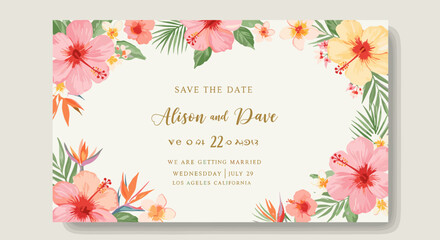 Elegant floral wedding save the date card design featuring vibrant hibiscus flowers and tropical leaves for a summer celebration