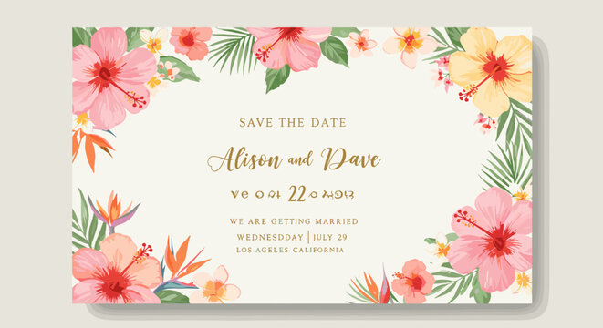 Elegant floral wedding save the date card design featuring vibrant hibiscus flowers and tropical leaves for a summer celebration - Powered by Adobe