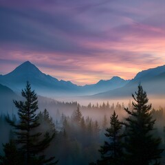 Obraz premium A panoramic view of misty mountains at sunrise, with a gradient sky transitioning from pink to purple, creating an ethereal and dreamlike atmosphere.