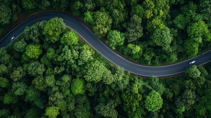 Aerial view of winding road through lush green forest. (1)