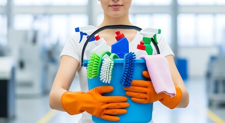 Cleaning Lady with Blue Bucket Filled With Cleaning Products And Orange Gloves Doing Chores To Help Prevent The Spread