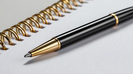 Elegant Black and Gold Pen Resting on a Spiral Notebook with White Pages