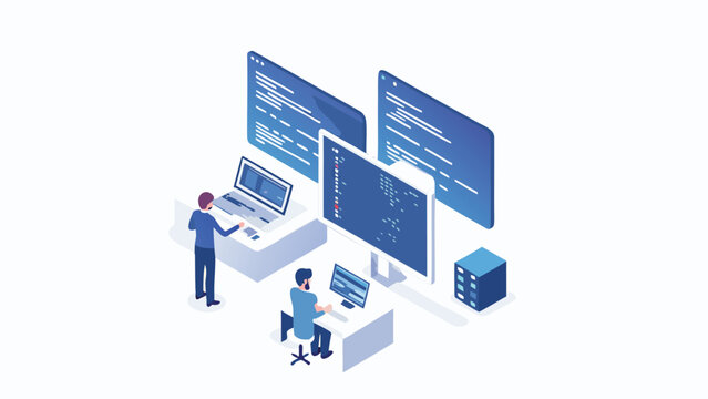 Isometric view of two developers working on computers with code windows and server tower near them