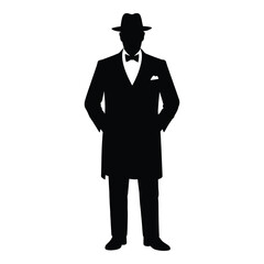 Silhouette of Elegant Man in Hat and Suit with Bowtie Depicting Style and Sophistication