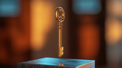 Golden key floats above a wooden surface in a striking ambiance