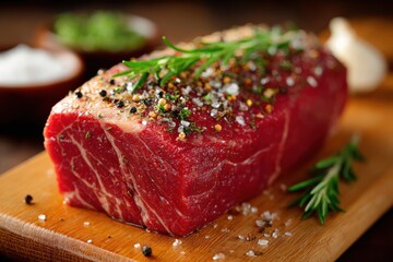 Fototapeta premium Raw Beef Roast on Wood Cutting Board with Rosemary Salt and Pepper Ready to Cook Culinary Food Prep Photography