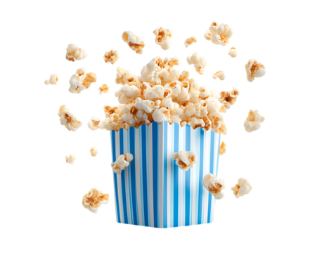 Popcorn flying out of blue white striped paper
