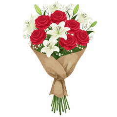 Elegant bouquet of red roses and white lilies wrapped in burlap for special occasions and celebrations
