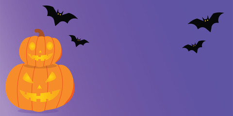 Flat vector illustration of Halloween pumpkins with scary faces and flying bats on a purple gradient background. Perfect for festive Halloween banners