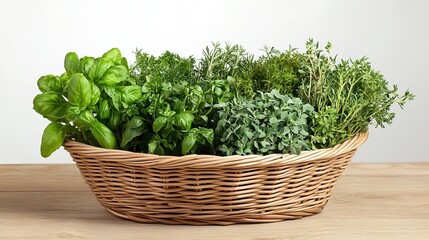 Fototapeta premium A wicker basket filled with an assortment of fresh herbs on a wooden surface against a white background