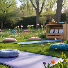 Spring Outdoor Kids Yoga Spot &ndash; A peaceful and playful garden space for children&rsquo;s yoga practice surrounded by blooming flowers, greenery, and natural elements.
