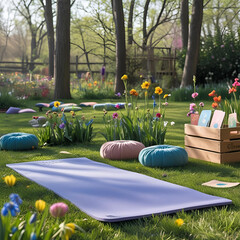 Spring Outdoor Kids Yoga Spot &ndash; A peaceful and playful garden space for children&rsquo;s yoga practice surrounded by blooming flowers, greenery, and natural elements.