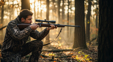 Naklejka premium A hunter, clad in camouflage in a forest 