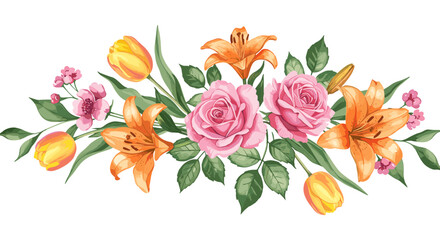 Floral arrangement featuring roses, lilies, and tulips with lush green leaves in a decorative display of spring blooms