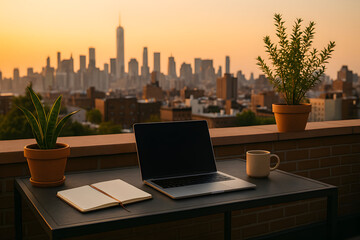 Rooftop Terrace Workspace with City Skyline