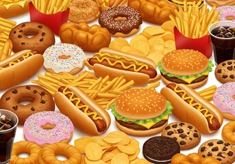 A delicious assortment of unhealthy fast food favorites filling the frame