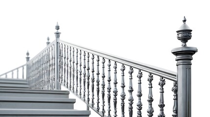 Elegant White Staircase with Ornate Metal Railing Leading Upward Toward a Bright Background