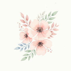 Watercolor floral bouquet with peach flowers, green and blue leaves, creating a delicate and elegant arrangement for spring season