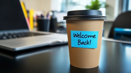 Welcome back message on coffee cup in office.