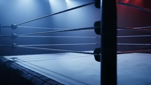 Dramatic Low Angle View of Empty Wrestling Ring with Moody Lighting