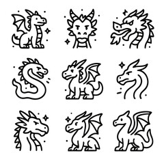 Dragon vector features nine captivating black ink line drawings of unique dragons, suitable for fantasythemed designs and childrens illustrations.