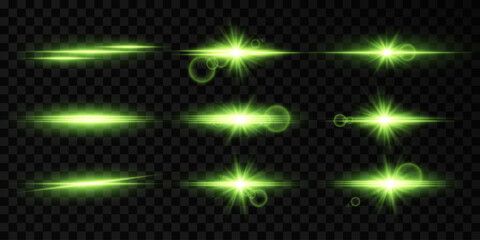 Set of flashes of light and stars. Light effects, glare, green light. Vector illustration. On a transparent background.