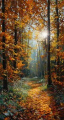 Obraz premium Autumnal forest path bathed in sunlight (1)