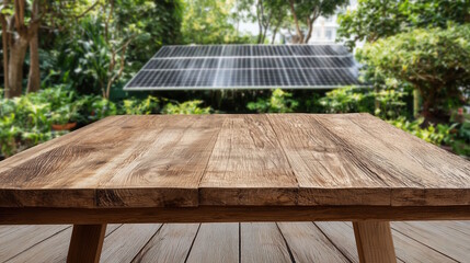 Fototapeta premium Wooden table with rustic texture in foreground, surrounded by lush greenery and solar panels in the background, showcasing sustainable energy and nature harmony